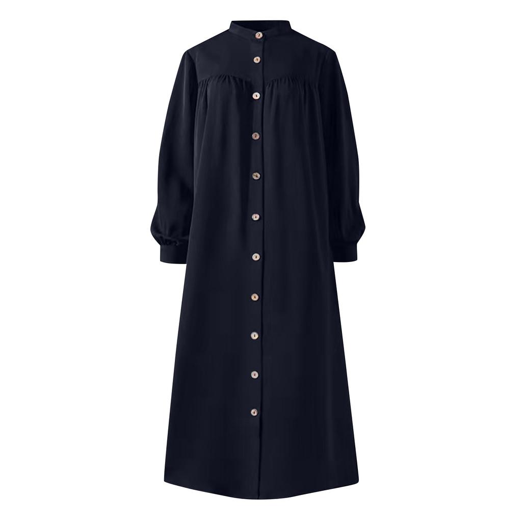 Frauen Casual Lose Einfarbig Langarm Tasche Knopf Hemd Kleid Robe