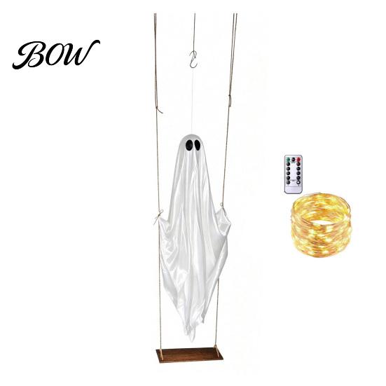 Funny Halloween Yard Art Hanging Swinging Ghost Decoration, LED Light Up Large Spooky Holiday Garden Decor with Remote Control for Outside Porch Tree,