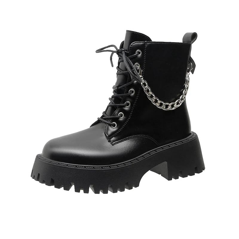 Women Boots Autumn Black Chain Belt Buckle Round Toe Short Boots Fashion Motorcycle Ankle Boots Women Zapatos Mujer
