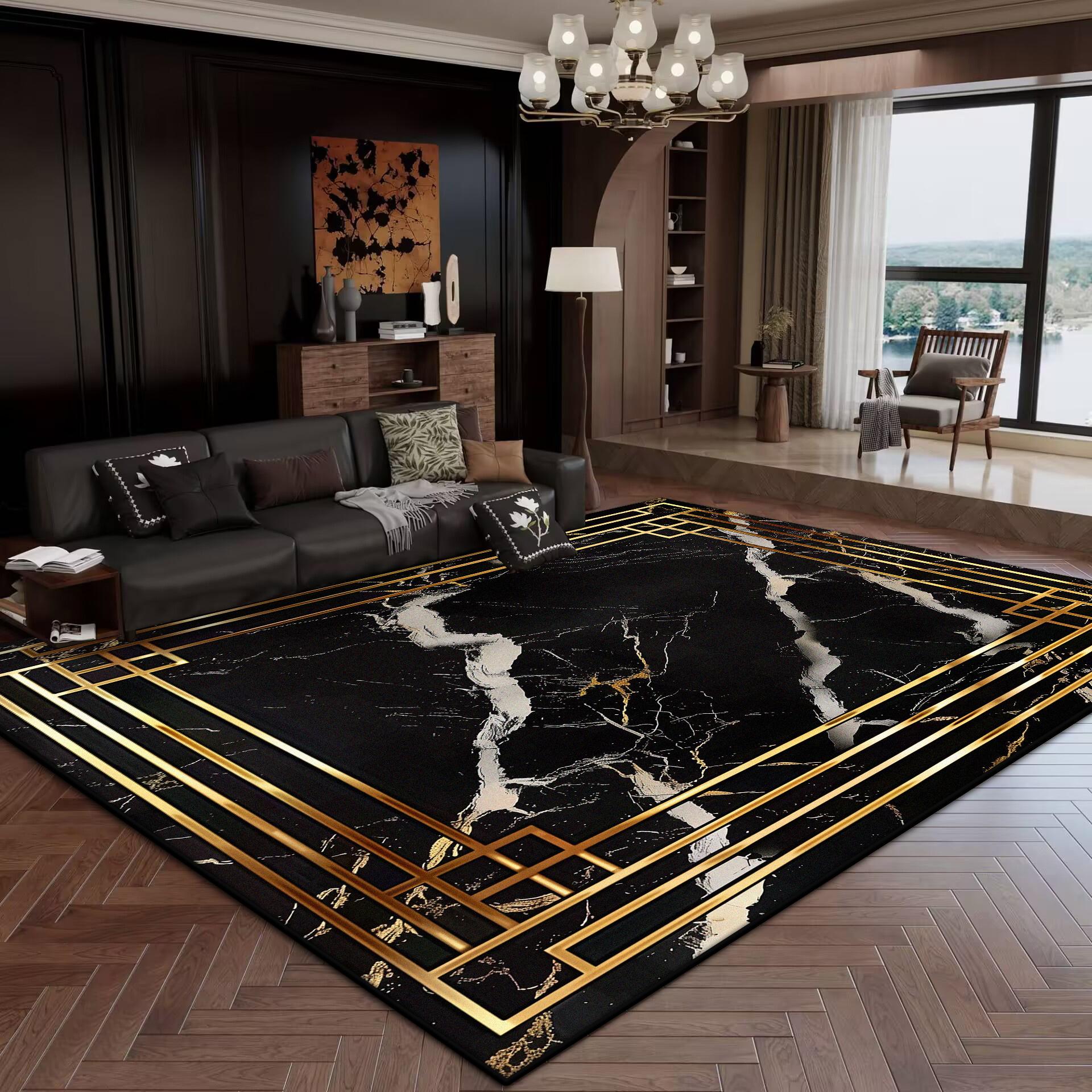 

Розкішний Чорно-Золотий КИЛИМ ДЛЯ Оформлення Вітальні Спальні Праний Сучасний Килими Великої Площі Нековзний Килим для Холу Килимок для Кавових Столиків 200x300cm 78.7x118in