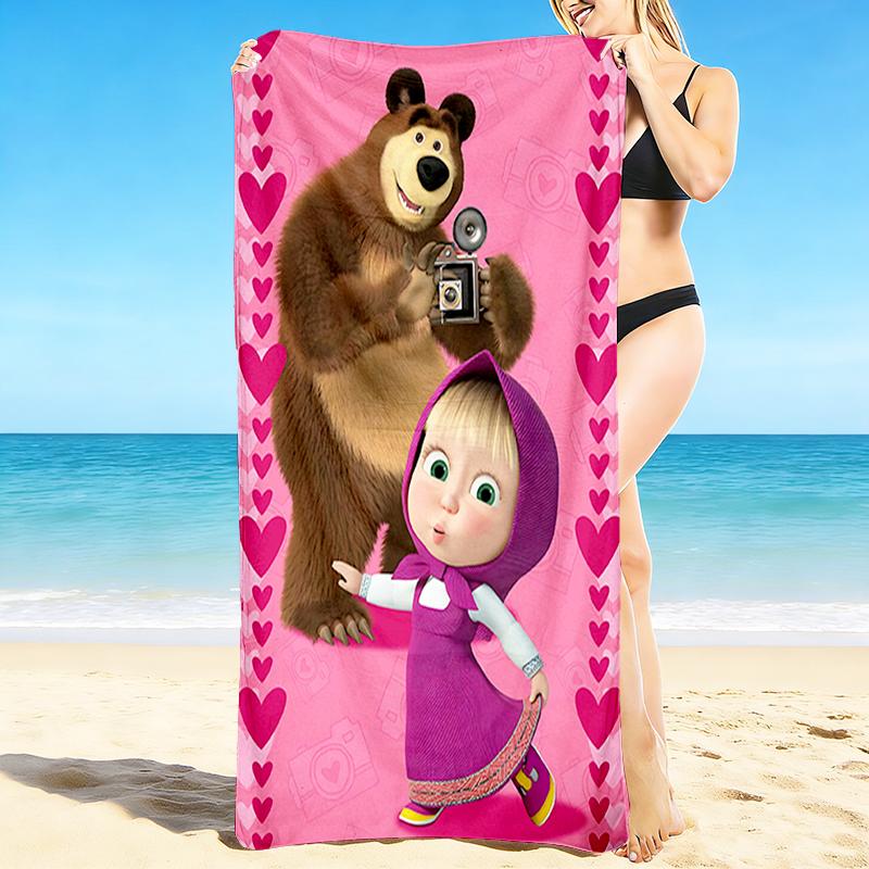 1Pc Masha Bear Adventure Beach Towel, Quick Dry, Multi-Use for Beach Pool Gym Yoga Home Travel, Christmas, Halloween, Xmas Gift M929167