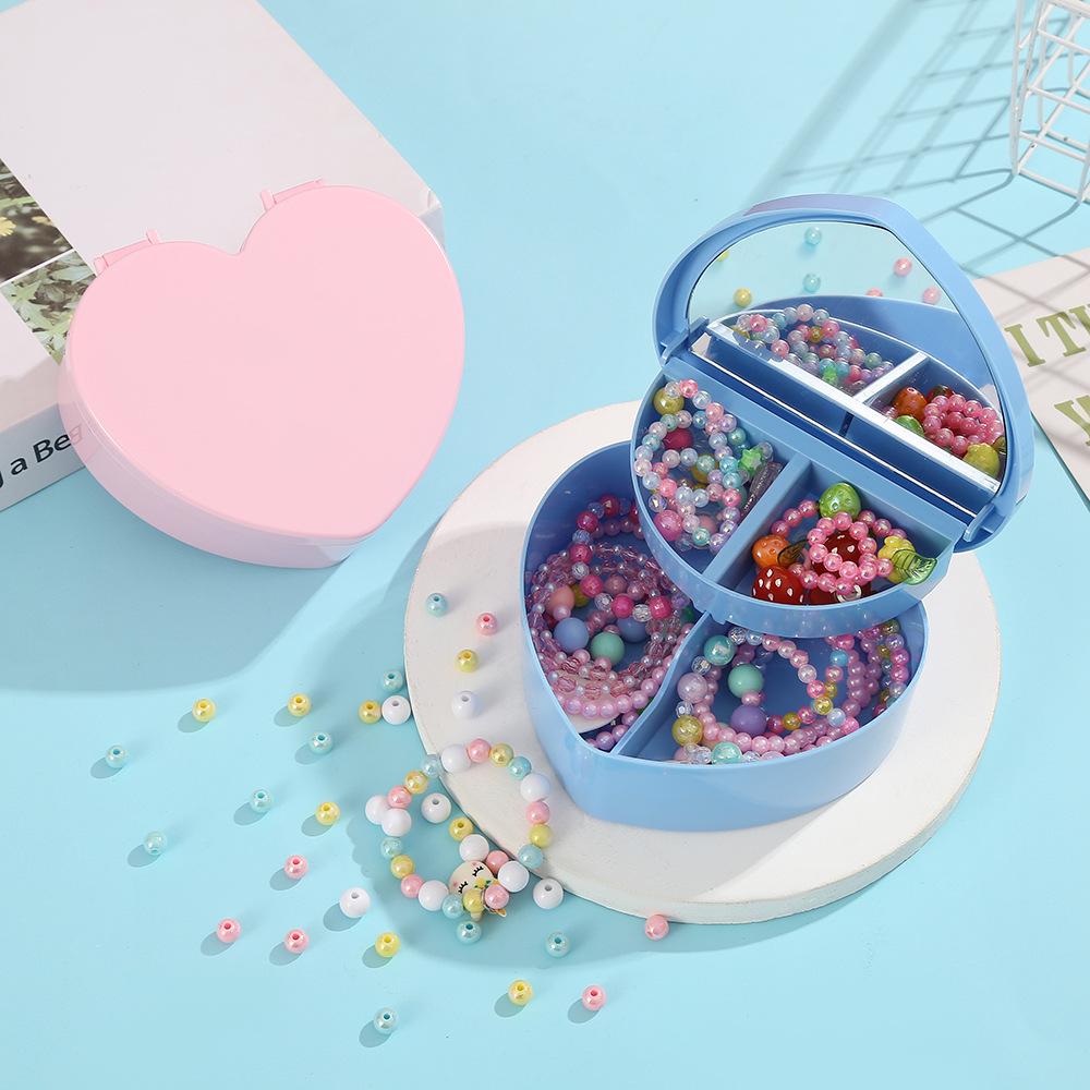 Heart-Shaped Pink Jewelry Box for Girls, Double-Layer with Mirror, Solid Color Storage for Ornaments.