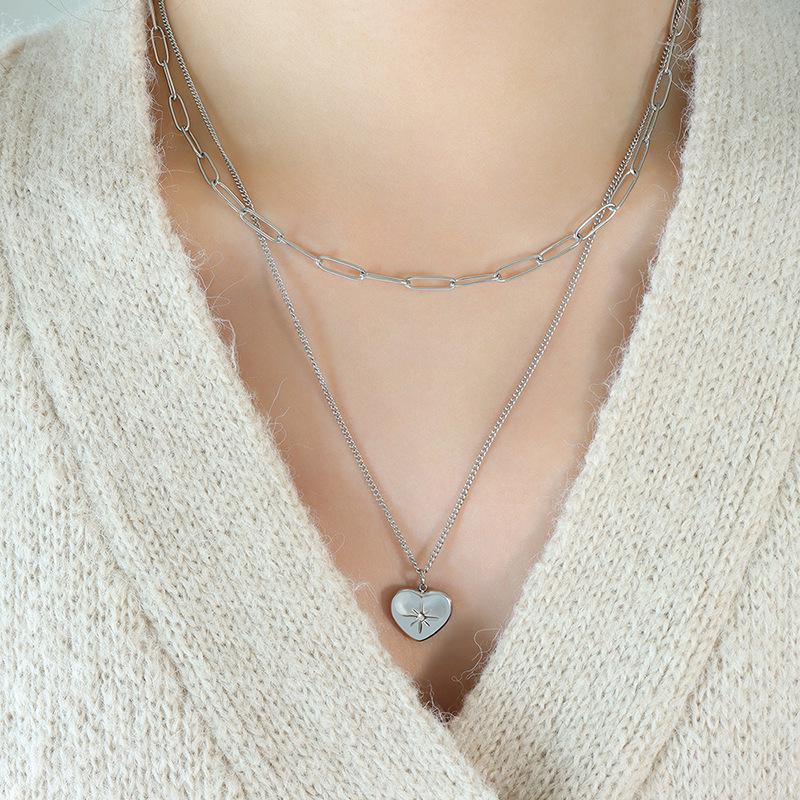 Double Layer Necklace with Heart Pendant in 18K Gold-Plated Titanium Steel - European & American Light Luxury Style