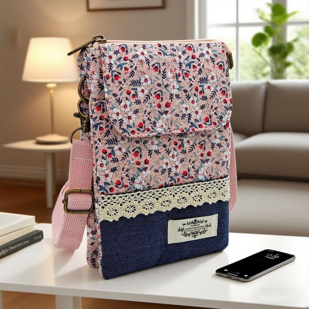 Japanese Floral Canvas Phone Crossbody Bag Women Multi Pocket Shoulder Bag Travel Passport Wallet Cell Phone Purse with Adjustable Strap