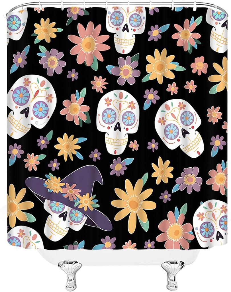 Gothic Shower Curtain Skull Floral Boho Spooky Halloween Festival Black Purple Yellow Bathroom Home Curtain Decor With Hooks