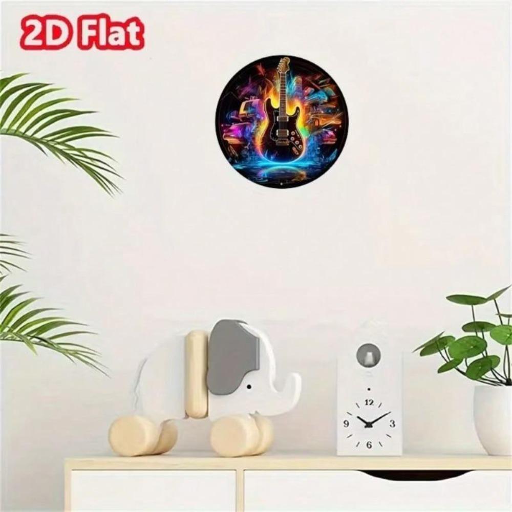 Rund Aluminium Neonskylt Med Musiknoter Gitarr Modern Väggkonst