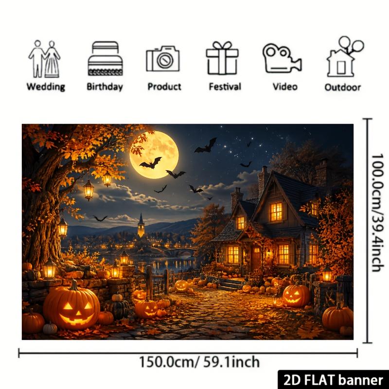 2D plane Halloween-themed banner background, a scene of rural pumpkin lanterns under the moonlight,zyc