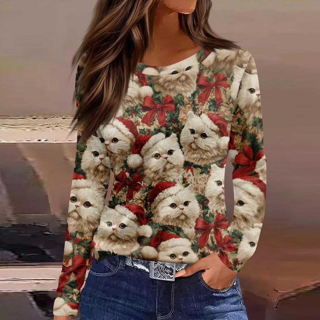 Dámská móda Ležérní Rozparek Lem s kulatým výstřihem Dlouhý rukáv Volný Potištěné tričko Dámské Top