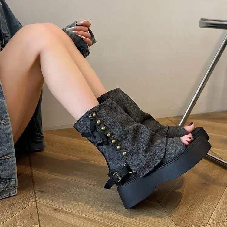 Fashion French Retro Breathable Women's Sandals Summer Outdoor Fashion Short Boots Denim Material Rubber Sole Comfortable Walking Shoes