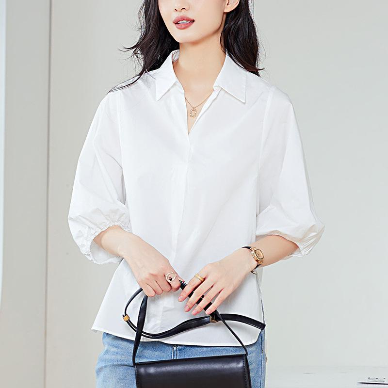 Lapel Side Seam Slit Three-quarter Sleeve Shirt for Women's Spring and Summer New Style Casual and Versatile Top