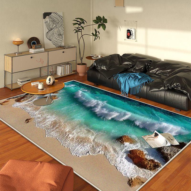 Modern 3D Style Beach Pattern Large Living Room Rug Non-slip Easy Cleaning Dining Room Decor Carpet Soft Sofa Table Mat Flannel
