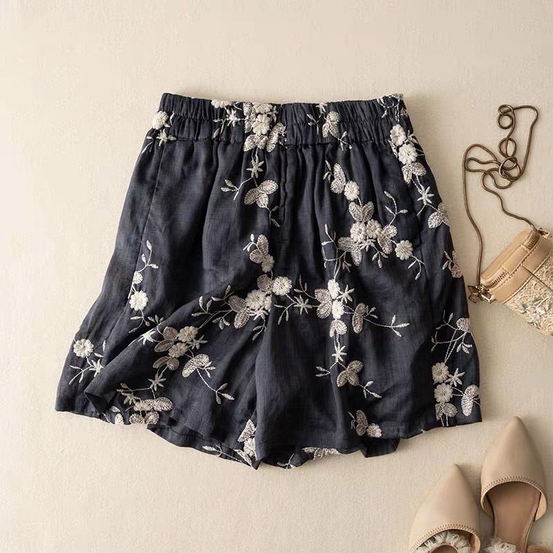 

Хлопковые шорты женские летние винтажные свободные большие размеры с высокой талией повседневные принты эластичные удобные брюки M чёрный