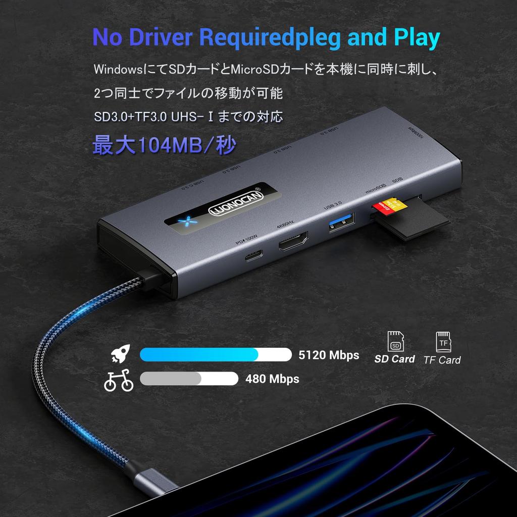 Концентратор 10 в 1 LUONOACN HDMI 4K60 Гц USB 5 Гбит/с Порт передачи данных Расширение поддерживает зарядку PD Порт Ethernet 1 Гбит/с с устройством чтения карт Micro Type C Концентратор USB-C
