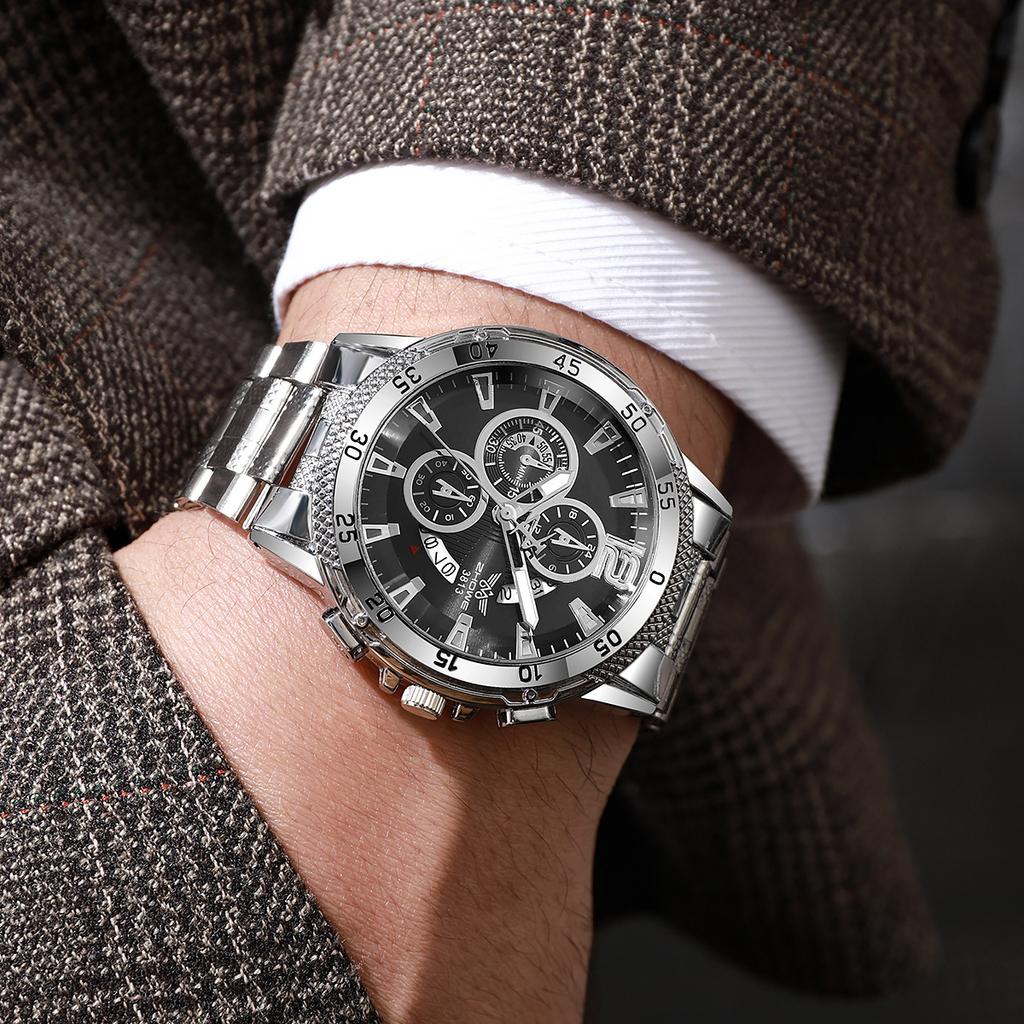 Business Multifunctional Hollow Chronograph Strap Calendar Fashion Large Dial Steel Strap Men'S Quartz Wrist Watch