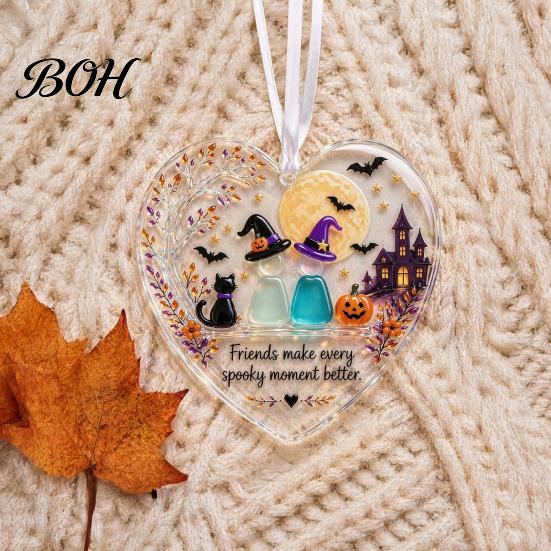 Spooky Seasonal Home Accents Friendship Halloween Glass Ornament, Acrylic Heart Hanging Decor with Witch Shaped Ornaments Cat Pumpkin, Colorful