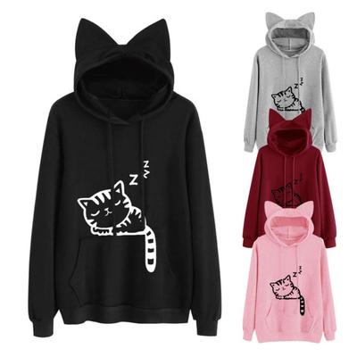 Women Fall Winter Hoodie with Big Pocket Cat Ear Decor Kitty Printing Hooded Full