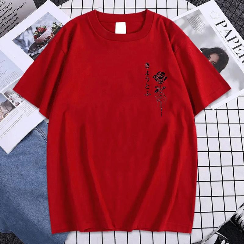 Japan Letter Rose Graphic Men's Short Sleeve Tshirt Summer Oversized Casual O-neck Top Sport Breathable Cotton Streetwear Tshirt