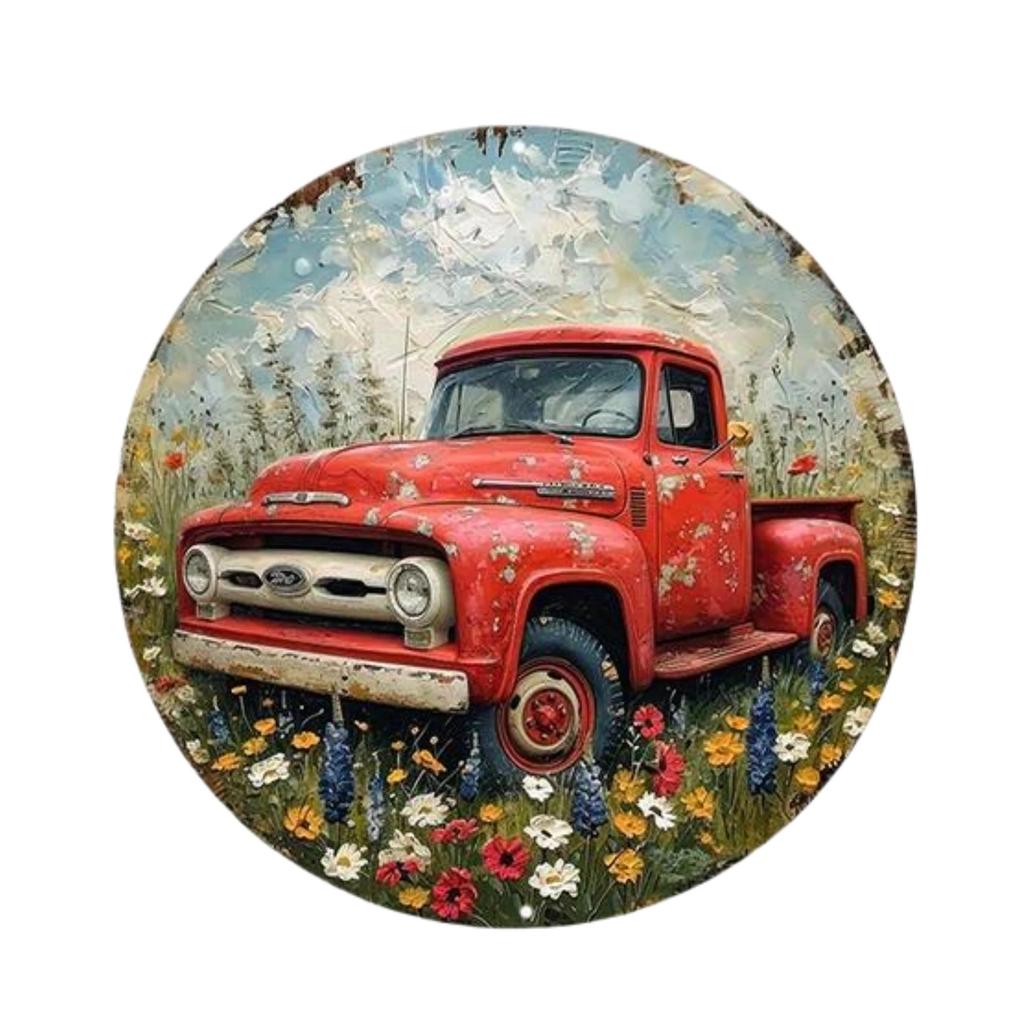 Old Style Trucks Theme Round Metal Aluminum Sign Art Desktop Decorative Plates for Bar Garage Club Yard Home Office Wall Decor