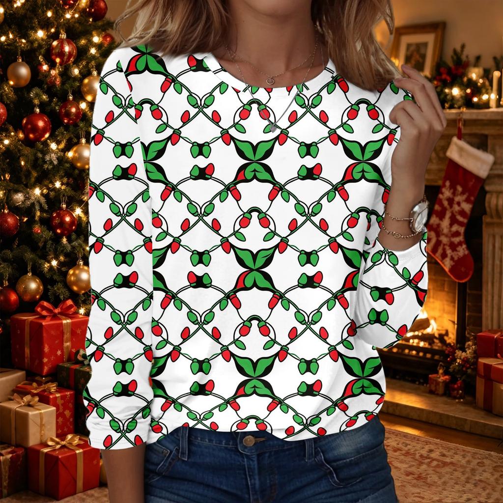 Women's Fashion Christmas Print Neck Long Sleeve Pullover Top for Holiday Casual Wear and Parties