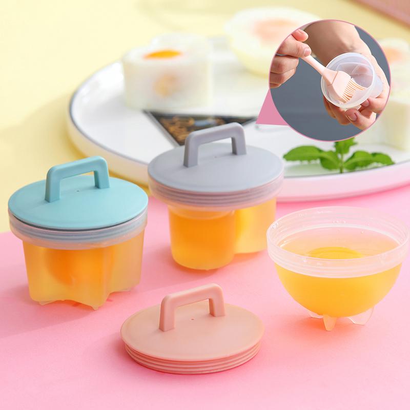 4 Pcs/Set Cute Egg Boiler Plastic Egg Poacher Set Kitchen Egg Cooker Tools Egg Mold Form with Lid Brush Pancake Maker
