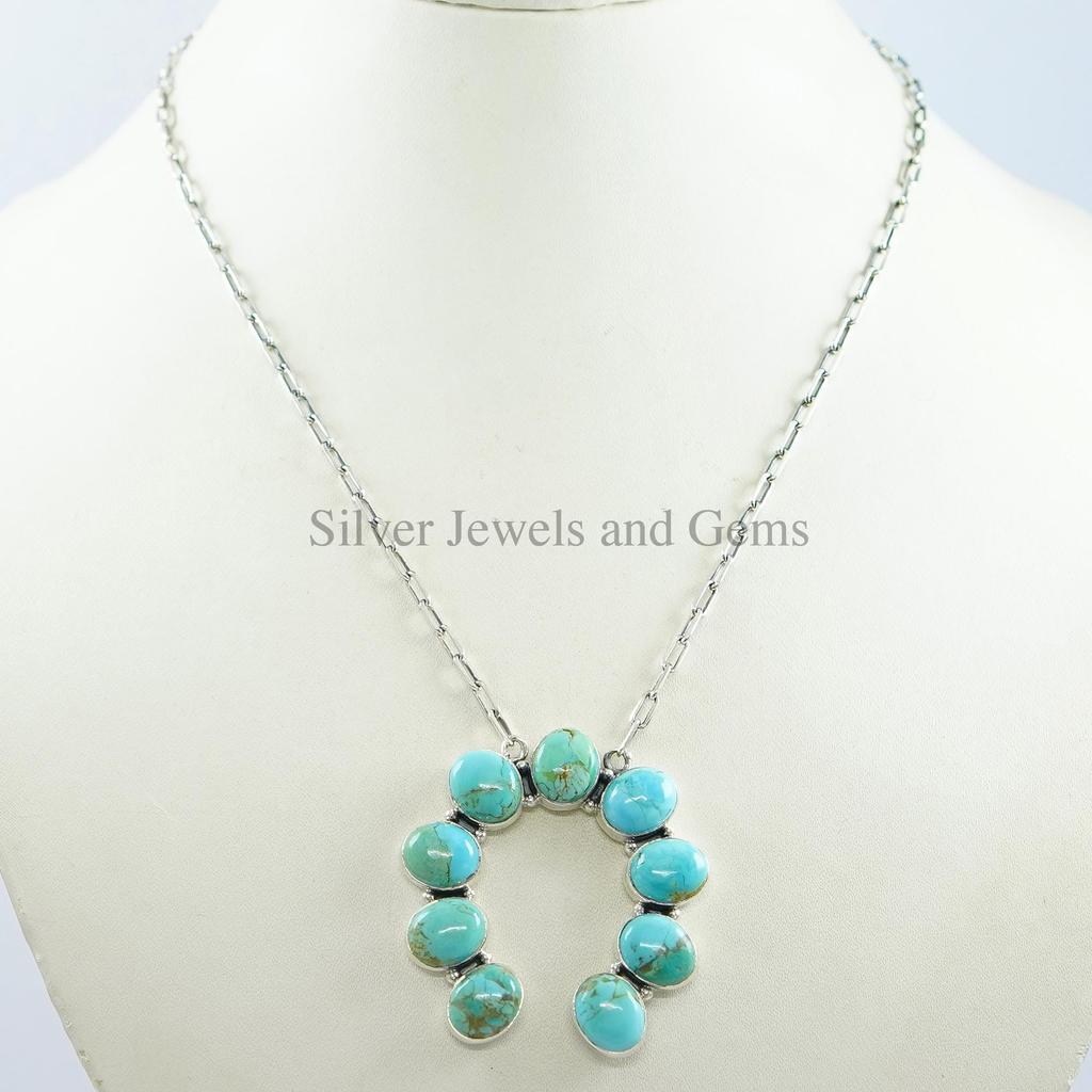 Arizona Turquoise Squash Blossom Necklace, 925 Sterling Silver Paper Clip Chain