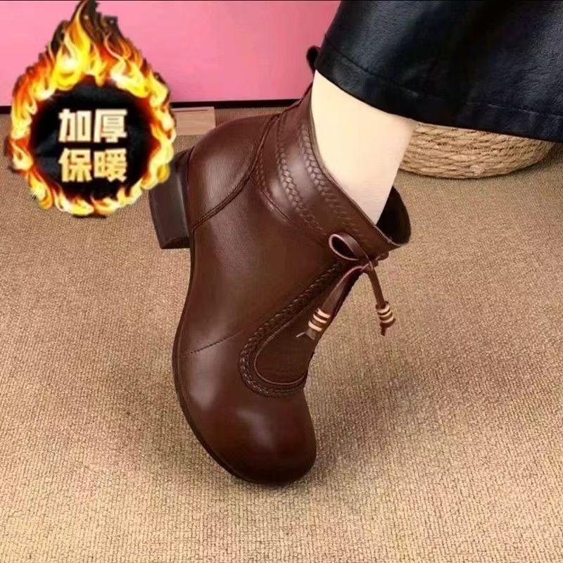 Soft leather Martin boots women's 2025 new autumn and winter soft surface thick heel fashion temperament versatile velvet warm short boots