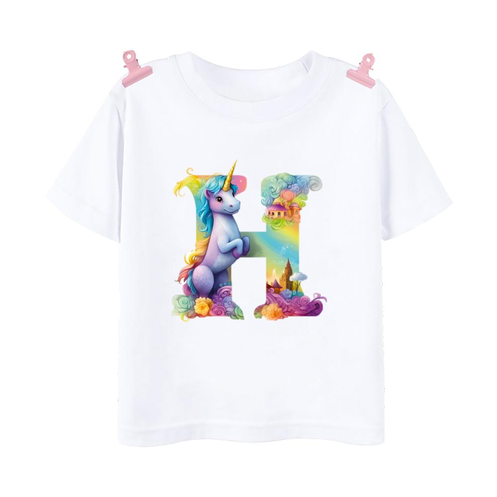 Unicorn Rainbow Initial A-Z Printed Kids Shirt Child Summer T-shirt Boys Girls Short Sleeve Tops Clothes Cute Toddles Outfit Tee