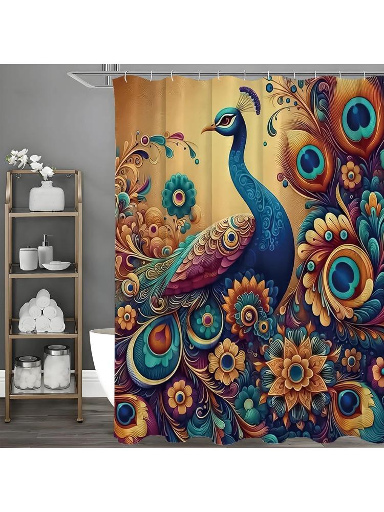 Peacock Flower Shower Curtain, Bathroom Decorative Shower Curtain, Waterproof Shower Curtain with Hooks W90xH180cm