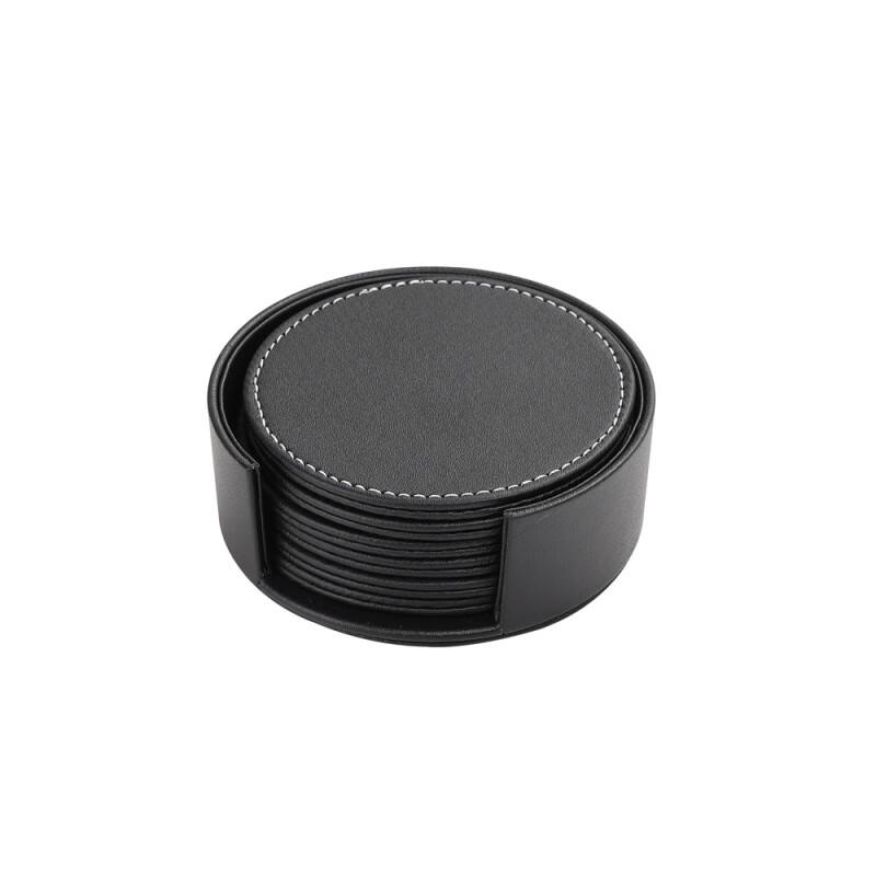 MOLUONA Black Round Leather Coaster & Mat Set, 12 Pcs with Holder