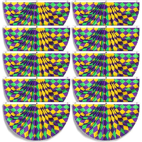 Hosuly 10 Pcs Mardi Gras Fan Flag New Orleans Mardi Gras Bunting 1.5 x 3 Ft Carnival Pleated Fan Bunting with Brass Grommets for Carnival Indoor Plaid