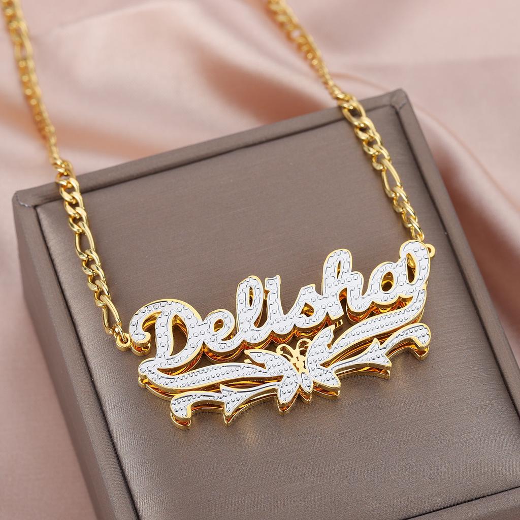 Customized Butterfly Necklace With Name Double Layer Two Tone With Butterfly Flower Personalized Name Necklace For Women Jewelry