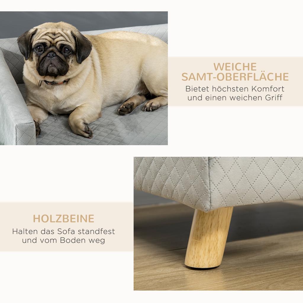 Dog Sofa Dog Bed Dog Couch Made of Velvet with Backrest, Wooden Legs, Cushion, Cat Sofa with Soft Padding, for Small Dogs 64 x 45 x 36 cm Dark Grey