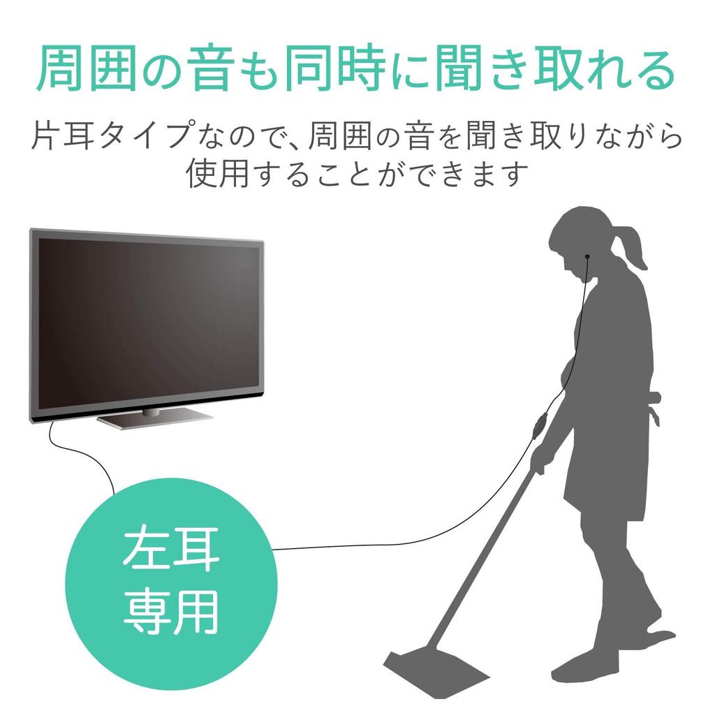 ELECOM Single Earphone for TV Use Inner Ear Type Ear Driver Black [Non-Pressure (Left Only)] 14.2mm "Affinity Sound" 3.0m EHP-TV11IM3BK