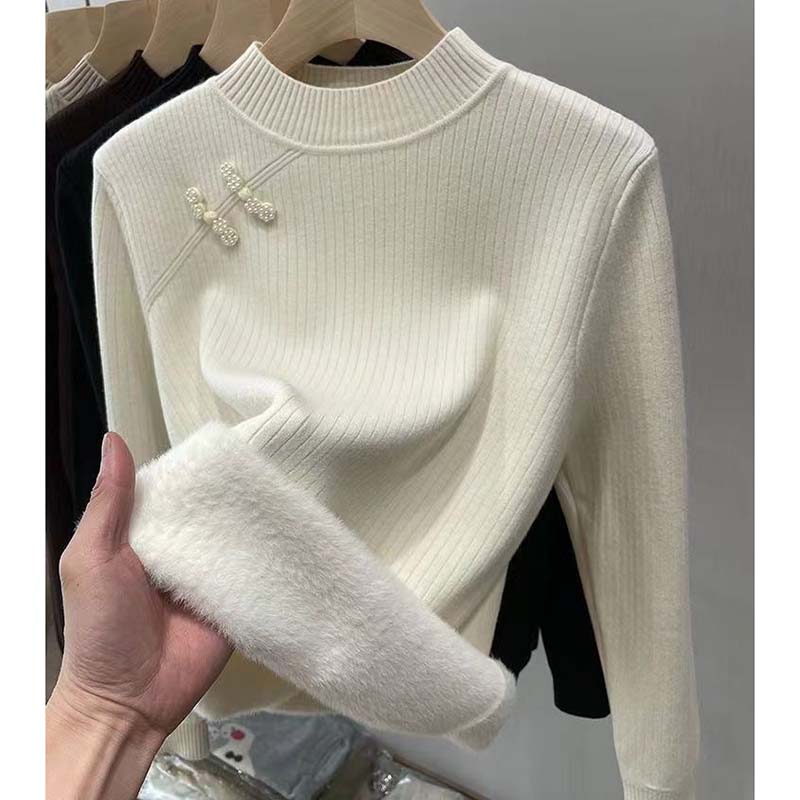 

Женский полуводолазный свитер из плотного бархата, зимний повседневный мягкий свитер с флисовой подкладкой, теплый трикотажный топ с длинным рукавом L белый