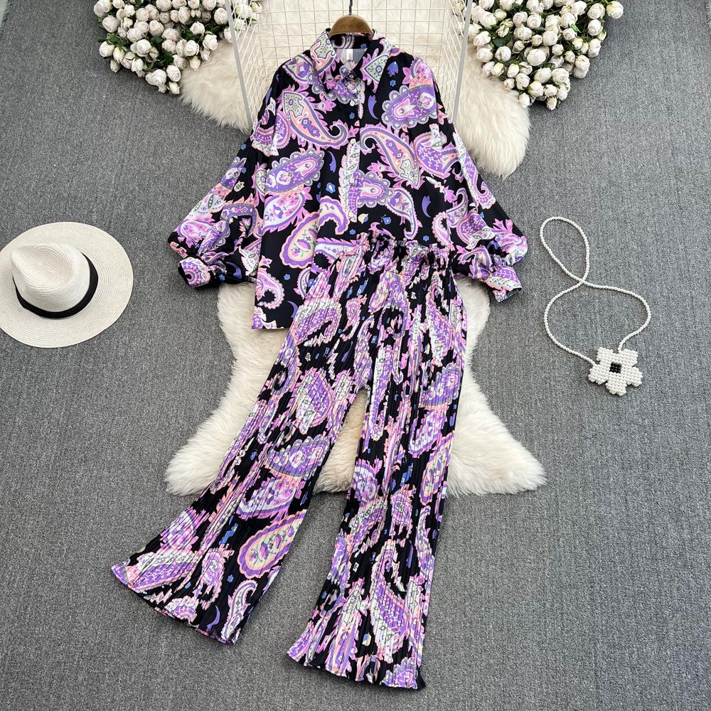 Mulheres pijamas floral casual elegante 2 peças conjunto camisas soltas topos perna larga calça terno moda feminina vintage sexy pijamas novo