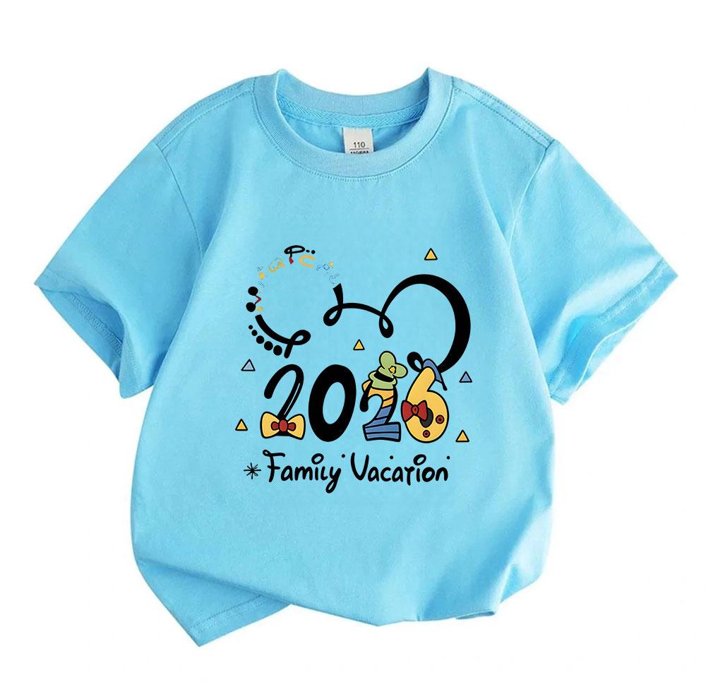 Kids Boys Girls 100% Cotton Crew Neck Short Sleeve T-shirt, 2026 Family Vacation Cute Cartoon Print Casual Soft Breathable Tee for Travel Daily Wear