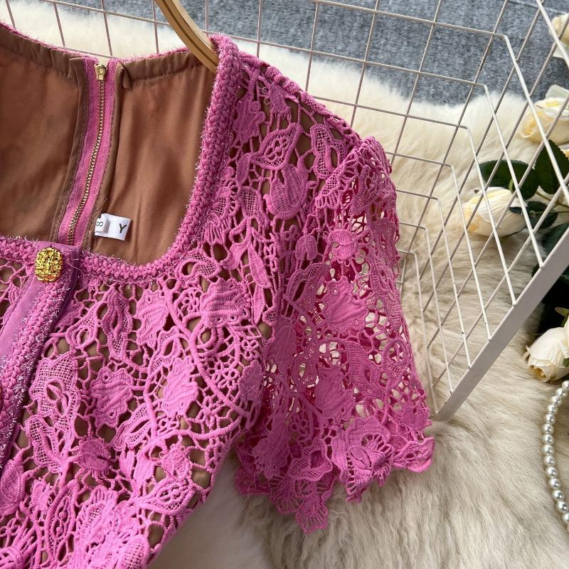 Ladies Temperament Square Neck Metal Button Slim Short Sleeve Lace Long Dresses