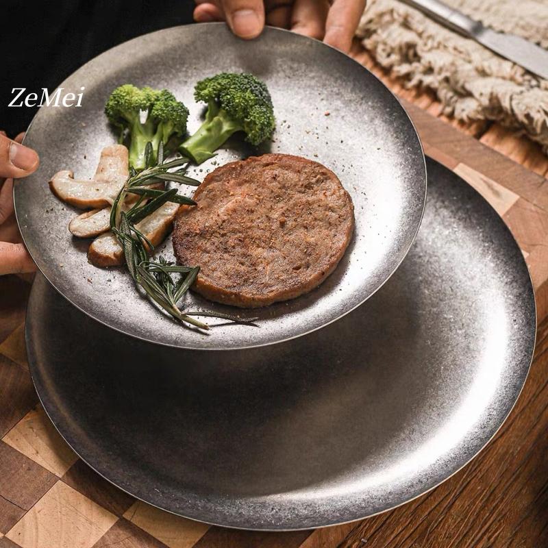 Retro Stainless Steel Circle Dinner Plate,Gray Heat-Resistant Home Steak Plate Dinner Dishes Grill Tray Tableware,Kitchenware