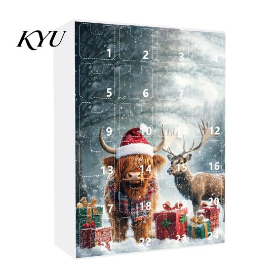 Holiday Countdown Box with Santa Hat Calves Christmas Advent Calendar, 24 Day Highland Cow Tree Decoration Ornaments Acrylic Pendants, Festive Hanging