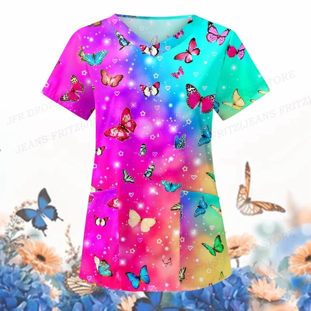 Dámská zdravotní uniforma Animal Butterfly s 3d výstřihem do V. Lékařské uniformy Harajuku ošetřovatelské peelingy Topy Uniforme enfermera Clinic