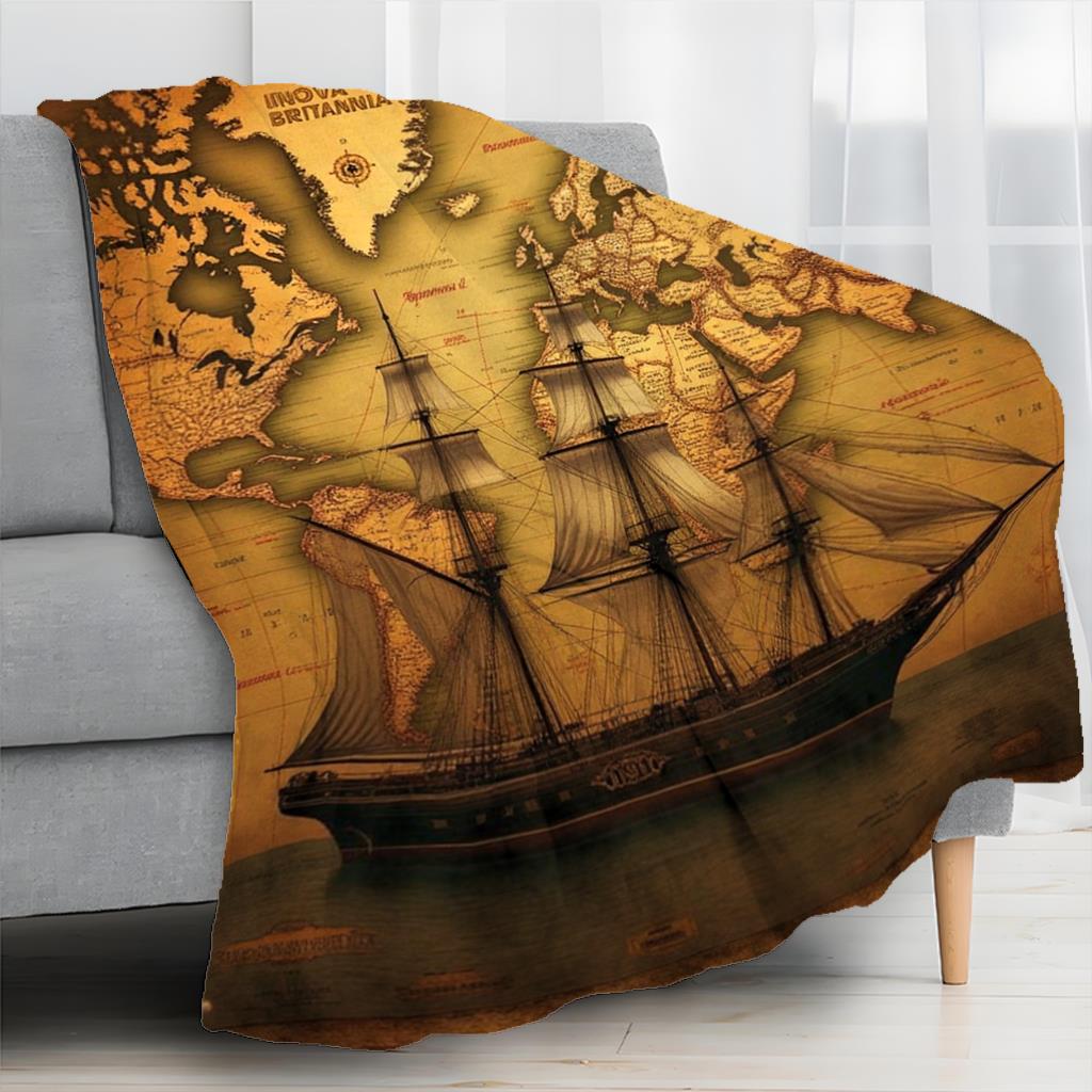 Vintage World Map Blanket Pirate Ship Design Old Style Nautical Theme Fleece Throw Decorative Home Textile Gift For Travel