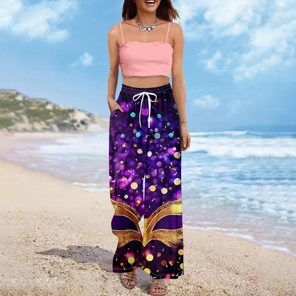 Damskie letnie spodnie boho palazzo z wysokim stanem i szerokimi nogawkami, z nadrukiem, swobodne spodnie z kieszeniami