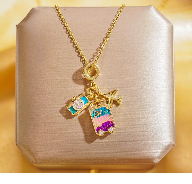 Womens Light Luxury Rainbow Drip Oil Airplane Travel Pendant Clavicle Necklace