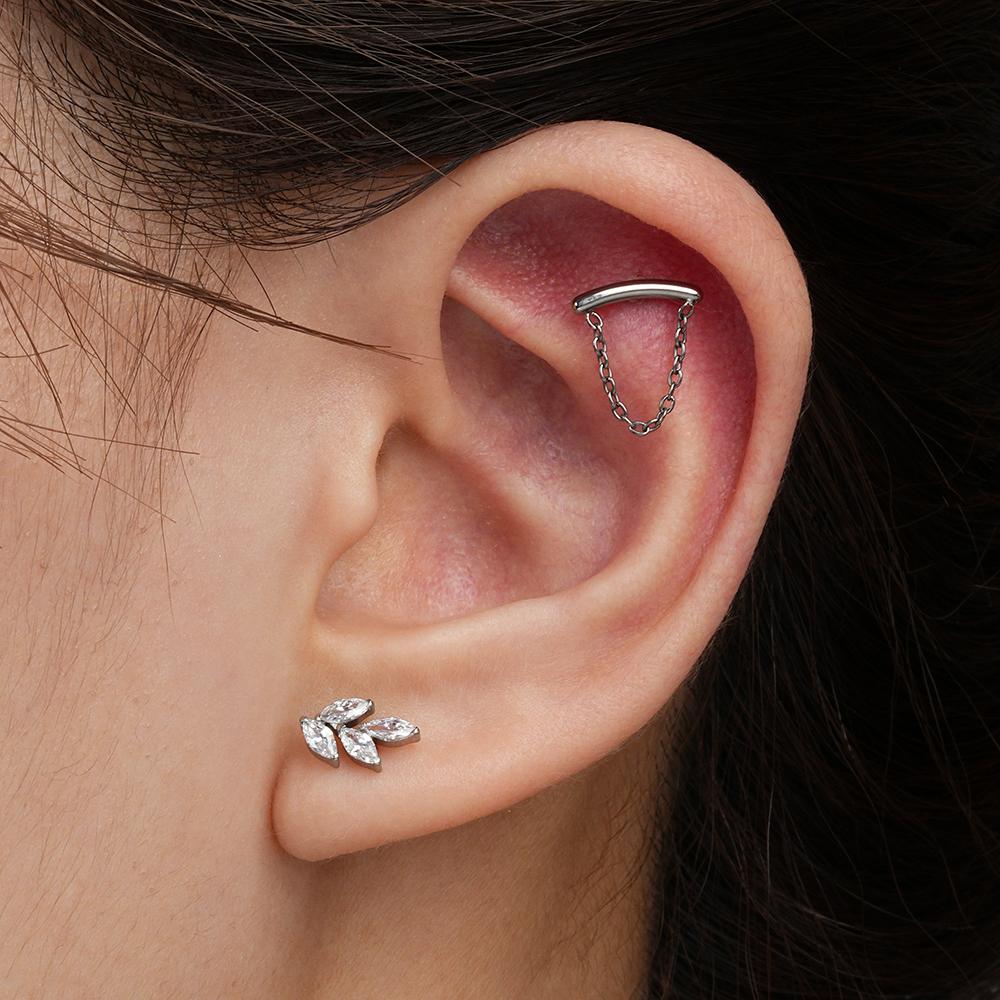 Right Grand ASTM F136 Titanium 16G Marquise CZ Leaf Shaped Cartilage Helix Conch Lobe Ear Piercing Flat Back Earring