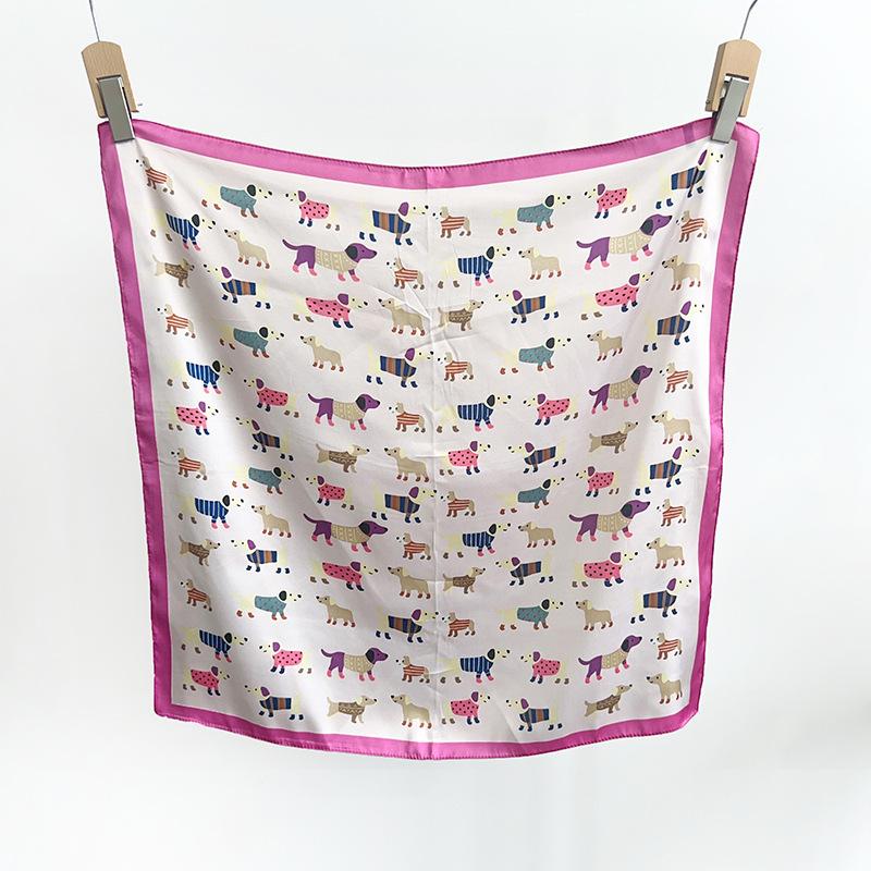 1116 Summer New Cartoon Dog Printed Small Square Scarf Cute Head Scarf Chest Wrap Versatile Korean Silk Scarf Scarf Scarf