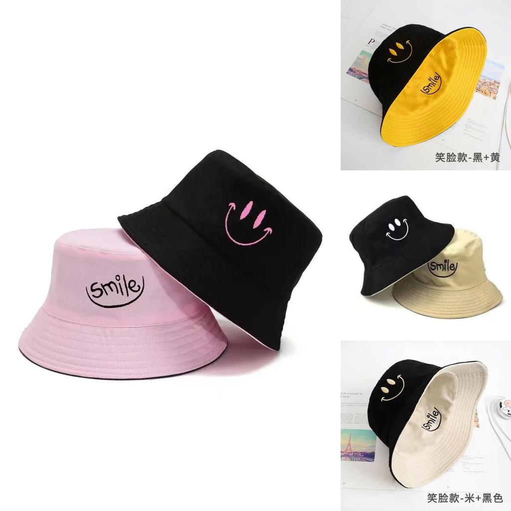 Smile Embroidery Letters Double Sided Fisherman Hat Spring Summer Protection Sun