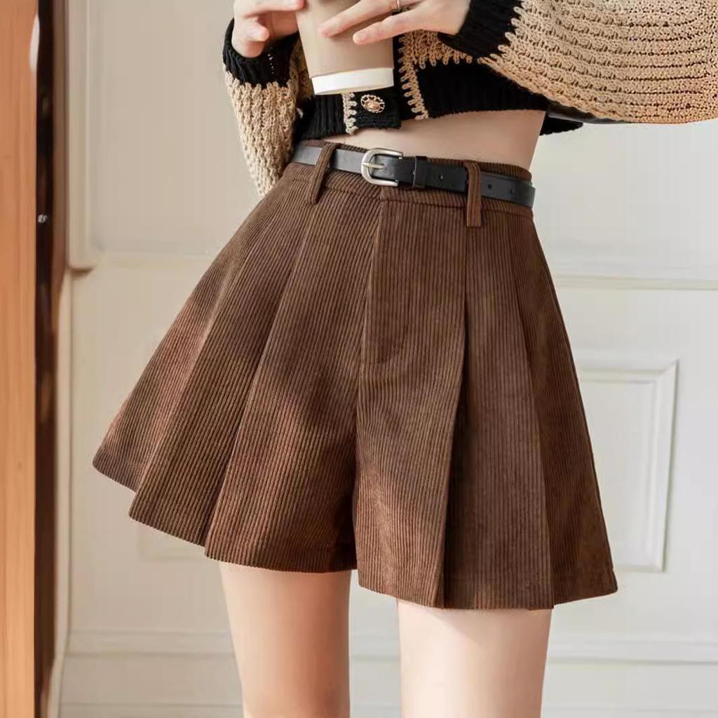 Women's High Waist Corduroy A-line Pleated Culottes Winter Shorts 2024