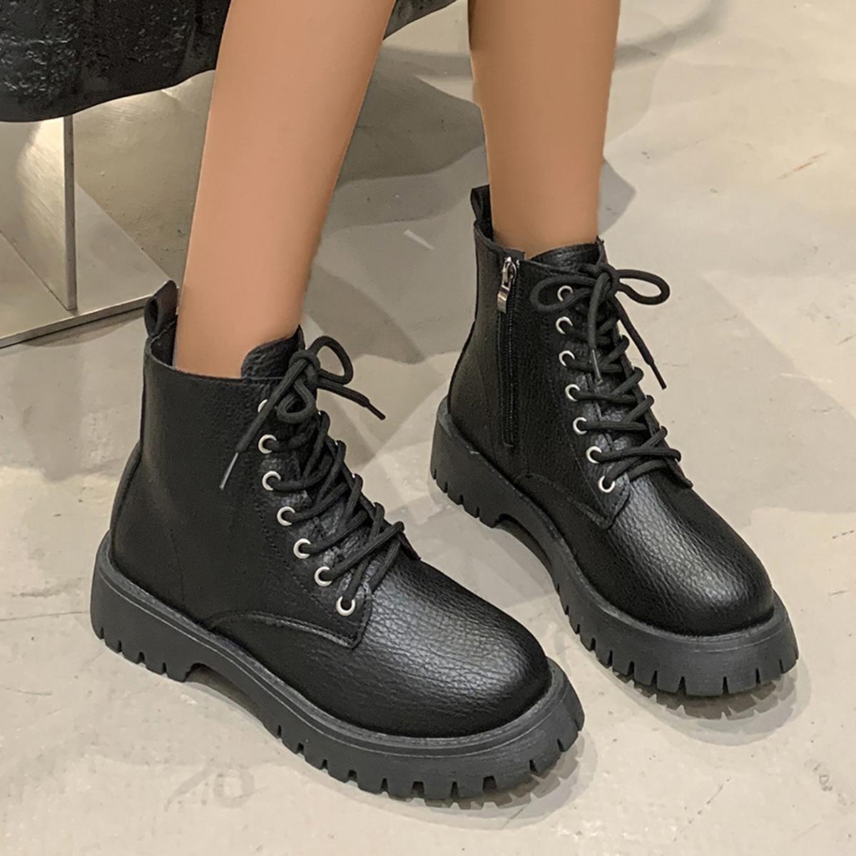 

Fashion New Round Toe Lace-Up Sexy Thick Sole Casual Work Boots Winter Side Zipper Comfortable Non-Slip Riding Boots For Women 35