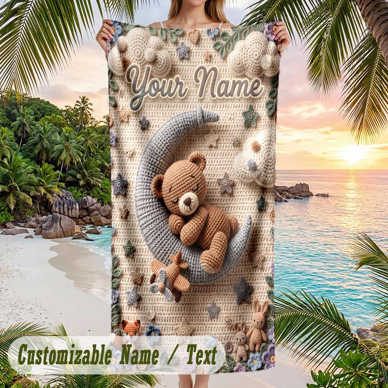 Teddy Bear Theme Beach Towel Personalized Custom Name & Text Soft Quick Dry Beach Towel for Swimming Travel
