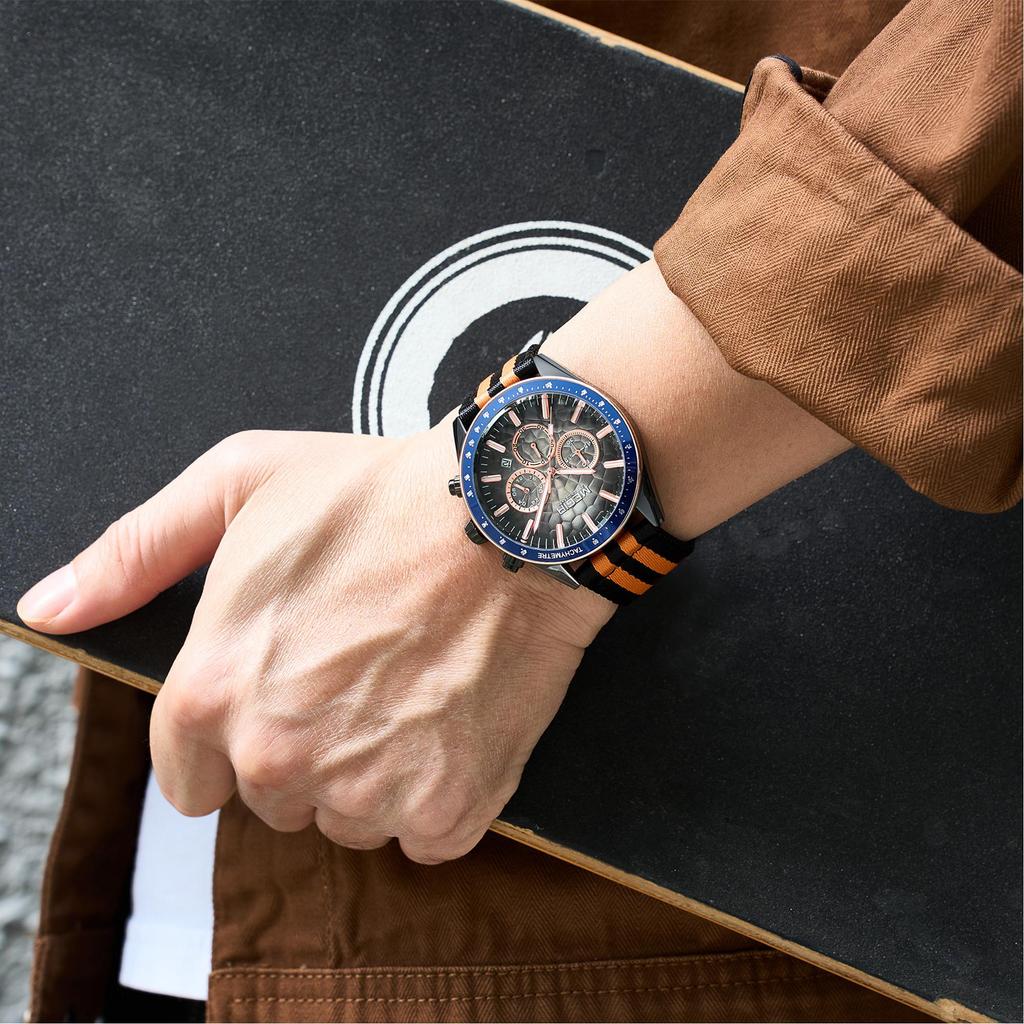 MEGIR Men's Sport Chronograph Watch, Outdoor Casual Quartz Wristwatch, 3ATM Water Resistance, Striped Canvas Band, Date Display